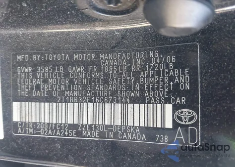 2006 Toyota Corolla S из США, поврежденный, VIN 2T1BR32E16C673144